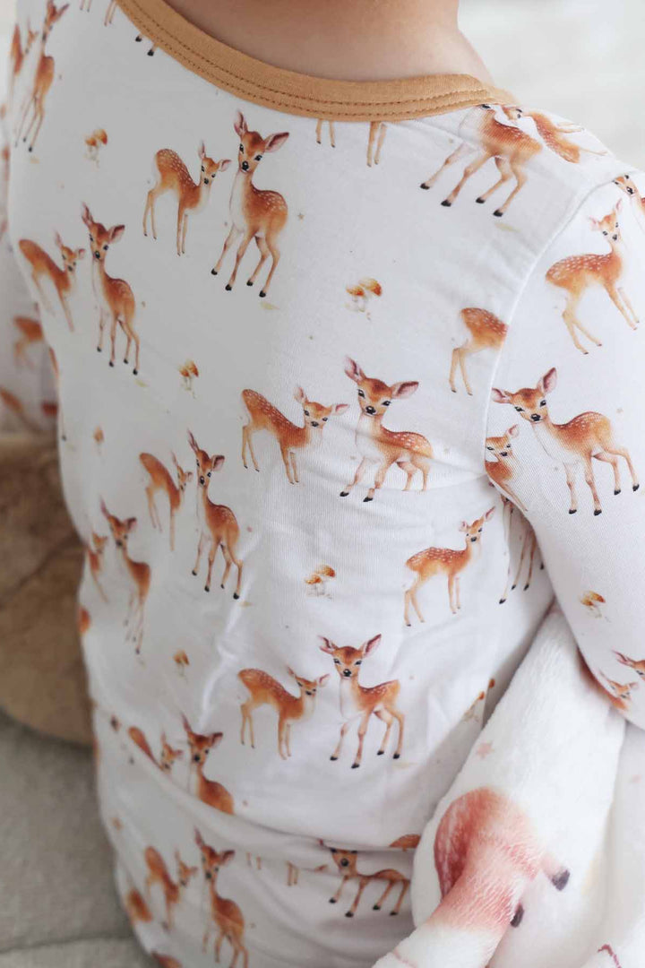 fawn, deer and mushroom two piece pajama set for kids 