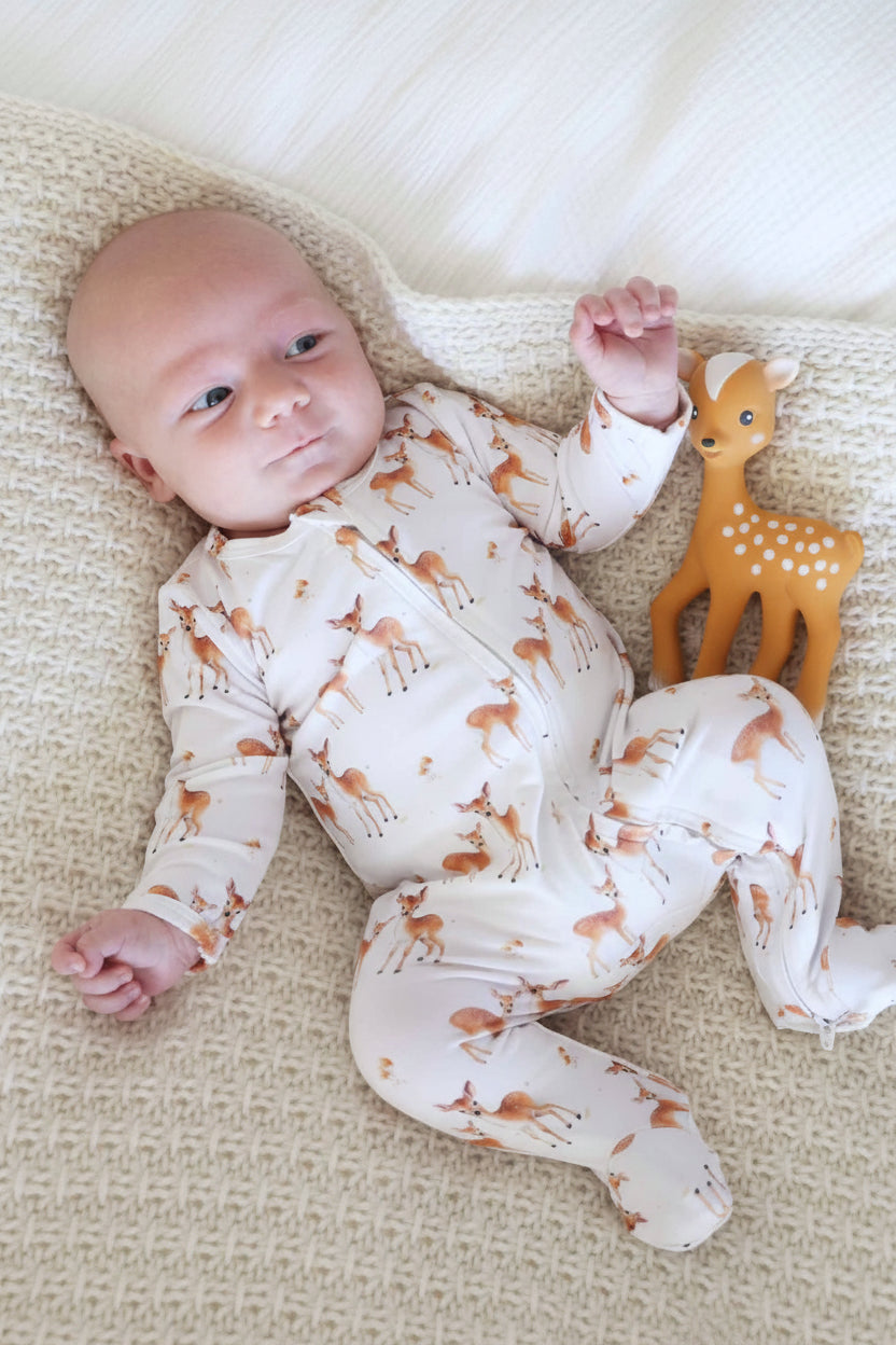gender neutral fawn baby zipper footie 