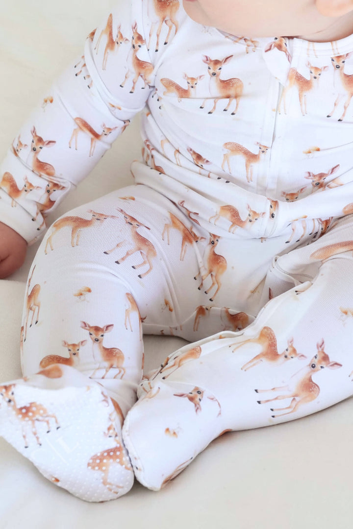 baby zipper footie with deer and mushrooms 
