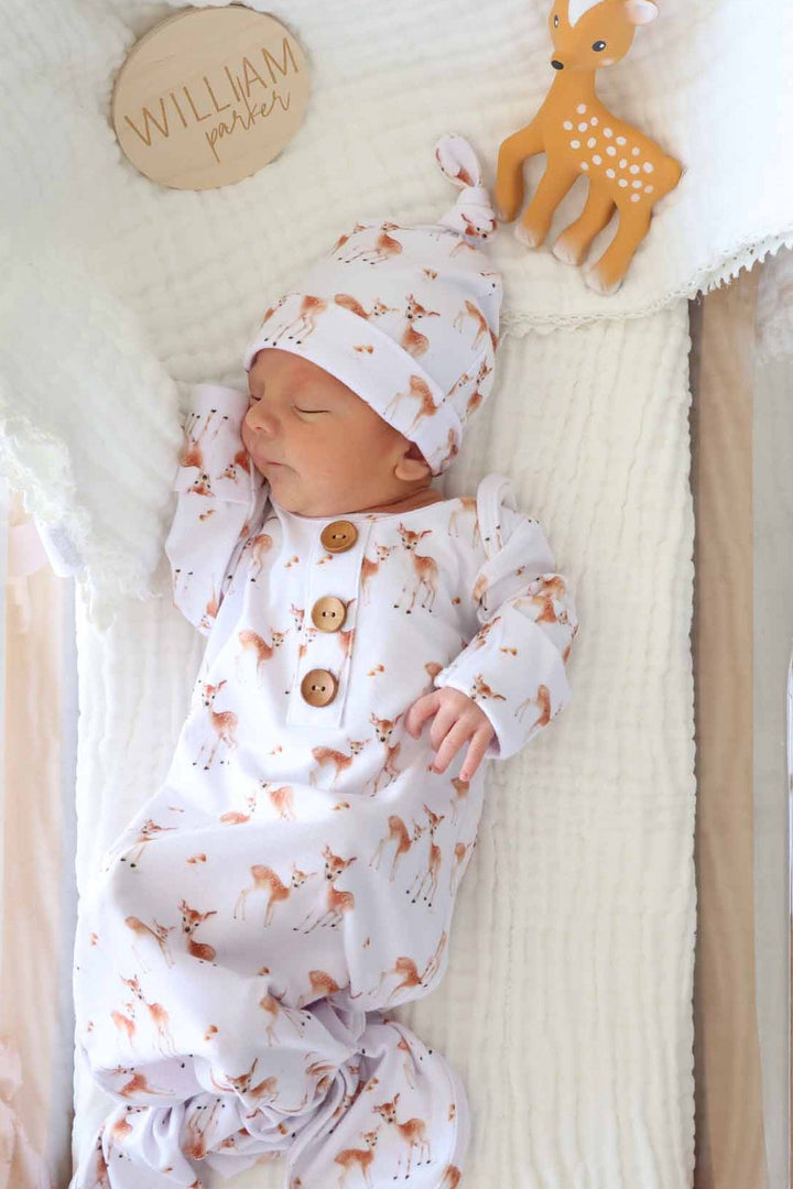gender neutral fawn knot gown and hat set for newborns 