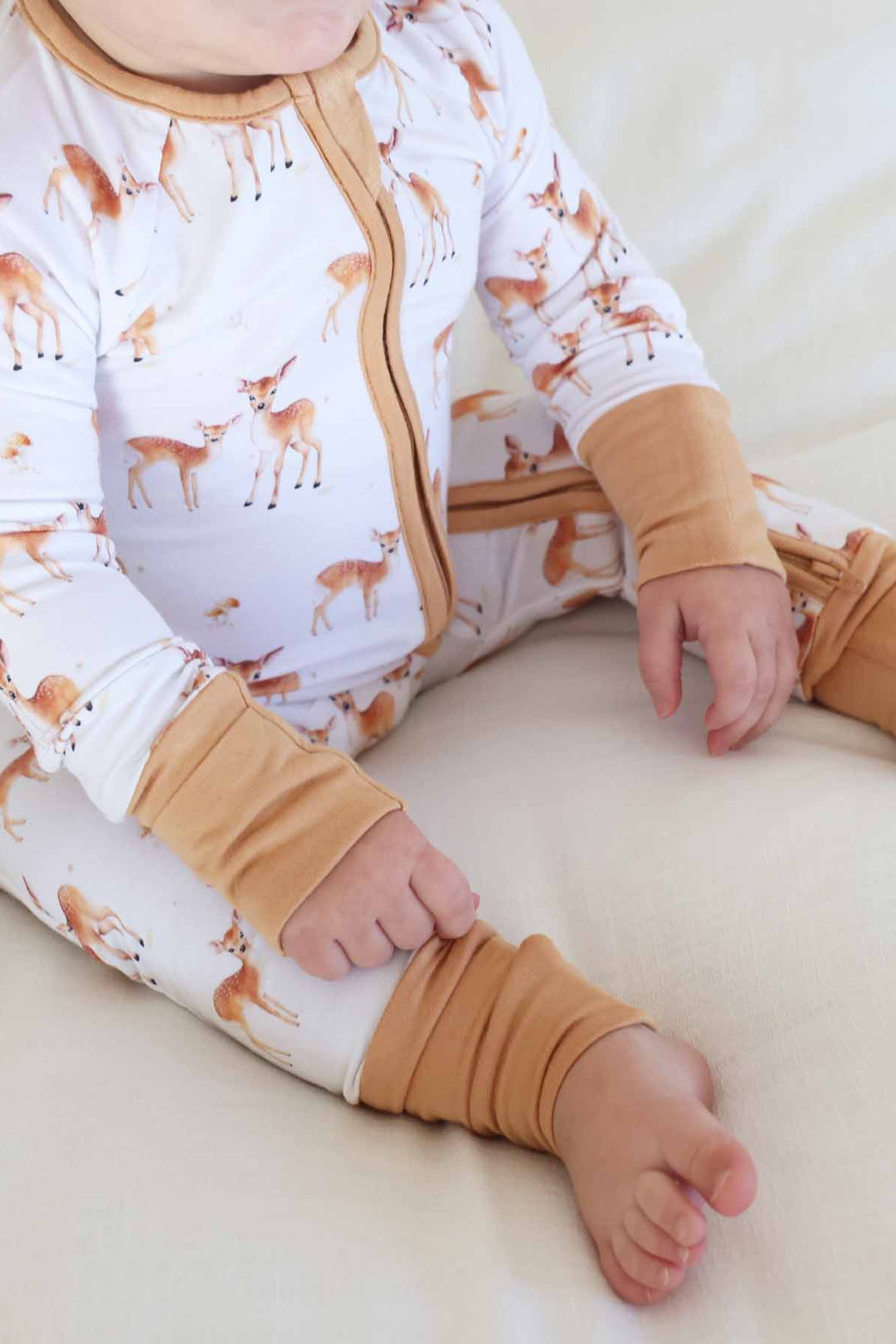 friendly fawn convertible zip romper pajama with flip mitts and footies 