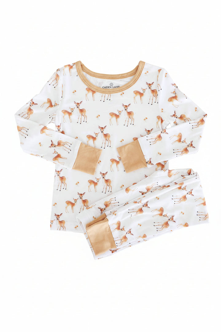 white long sleeve two piece pajama set for kids with deer, mushrooms and orange/brown trim