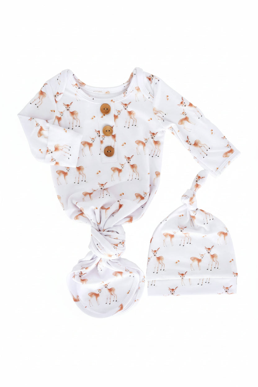 white knot gown and knotted hat with fawn and mushrooms for newborns 