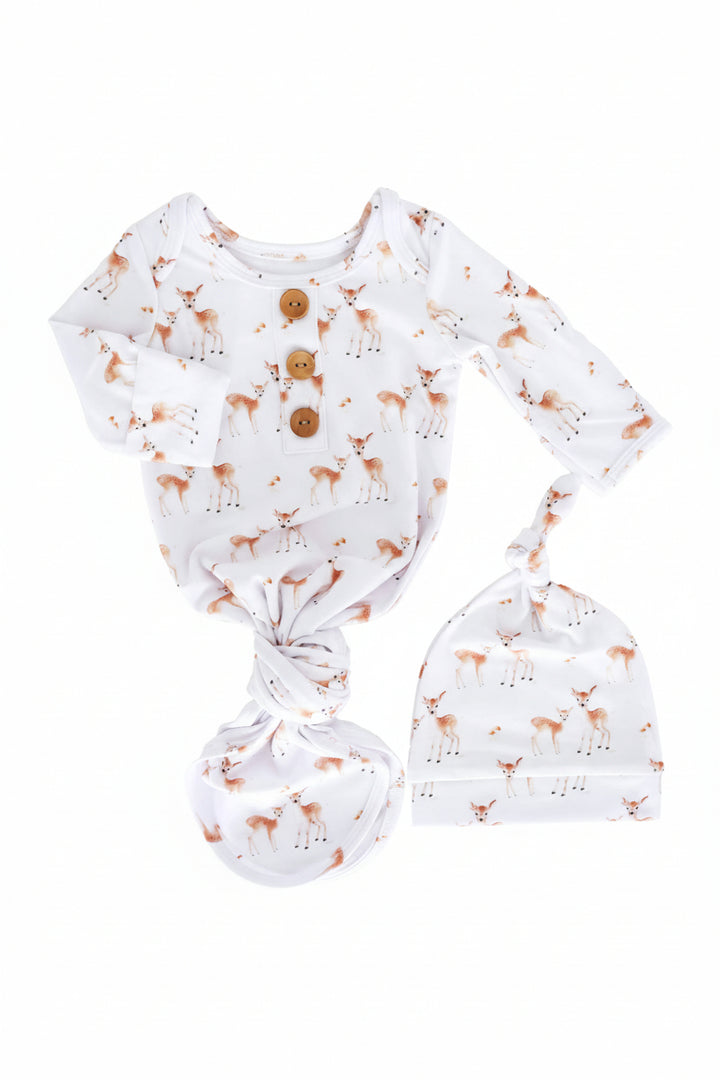 white knot gown and knotted hat with fawn and mushrooms for newborns 