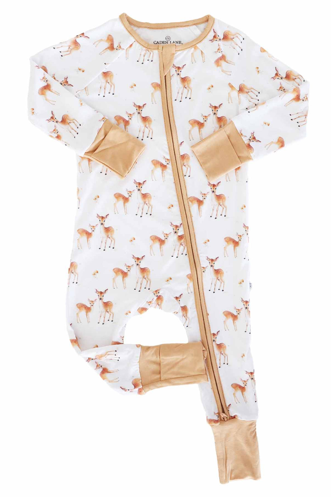 white and rust convertible zip romper for babies and toddlers with deer 