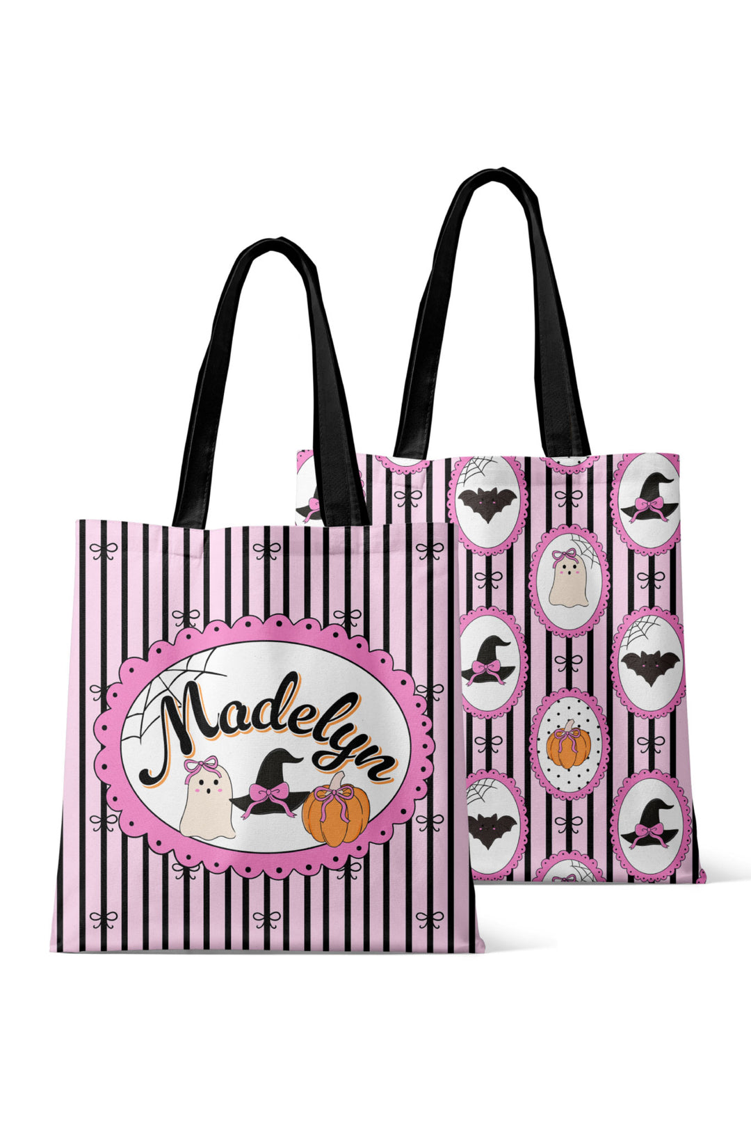 Two personalized pink and black Halloween trick-or-treat tote bags with witch hat, bat, and pumpkin designs, customized with the name 'Madelyn' in cursive.