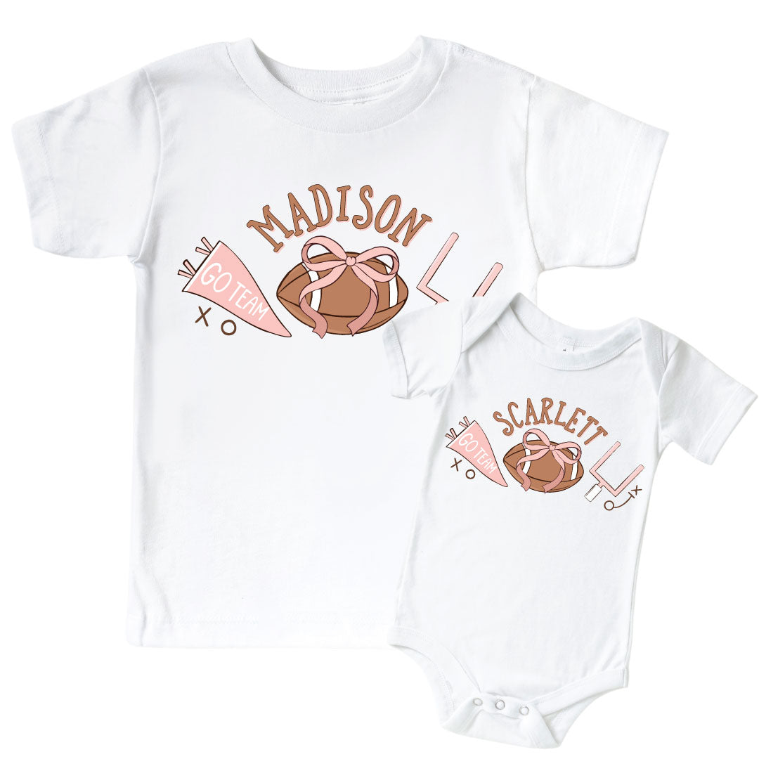 Personalized Tiny Touchdowns Pink Graphic Bodysuit & Kids Tee | White