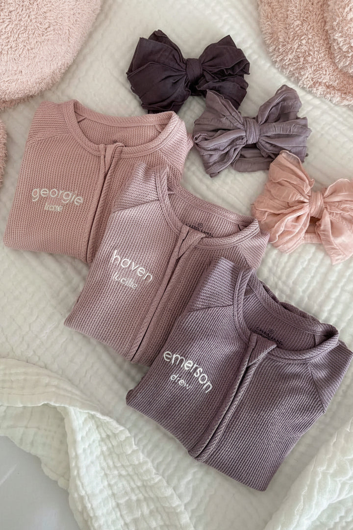 girls bamboo waffle sleeper romper with monogram