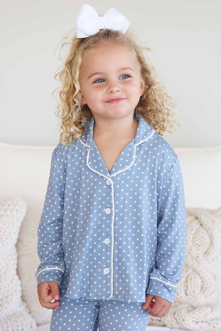 girl's two piece flare lounge set blue with white polka dots 