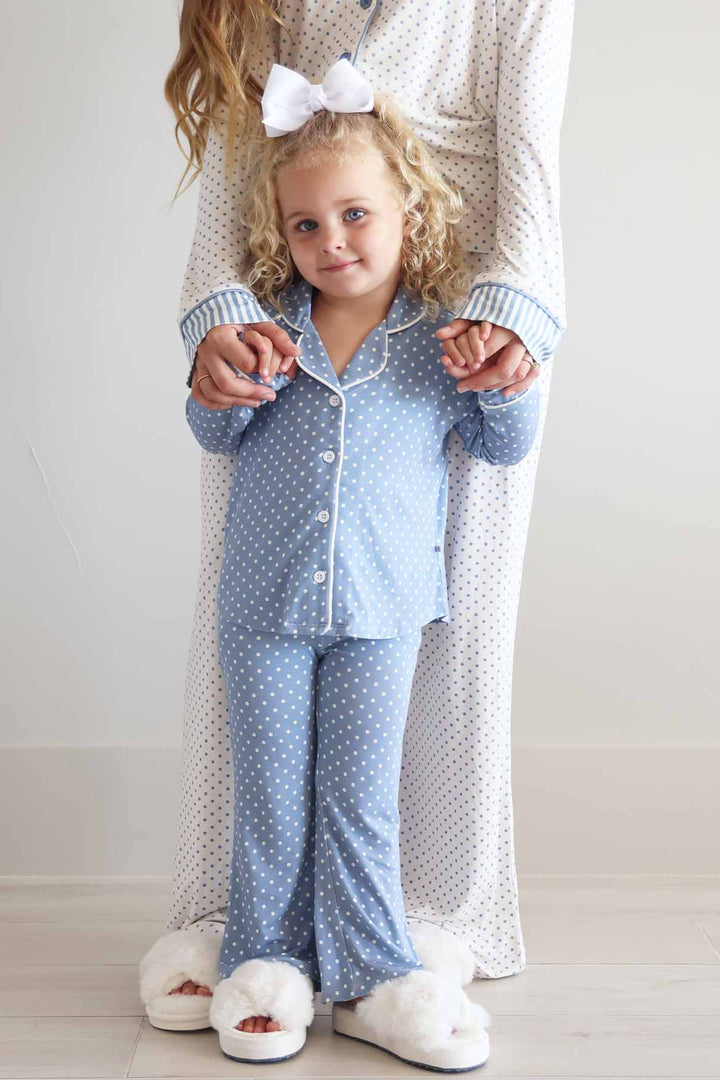 mommy and me matching lounge sets blue and white polka dots 