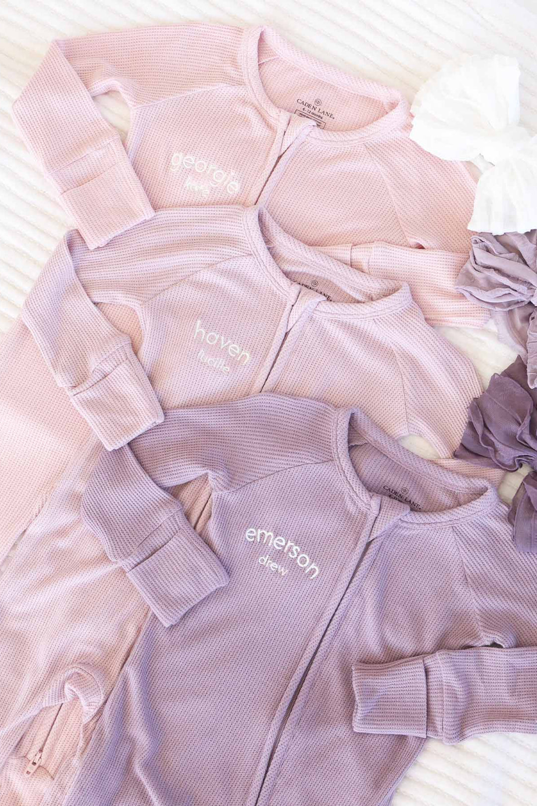 pink and purple bamboo waffle convertible zip rompers for girls 