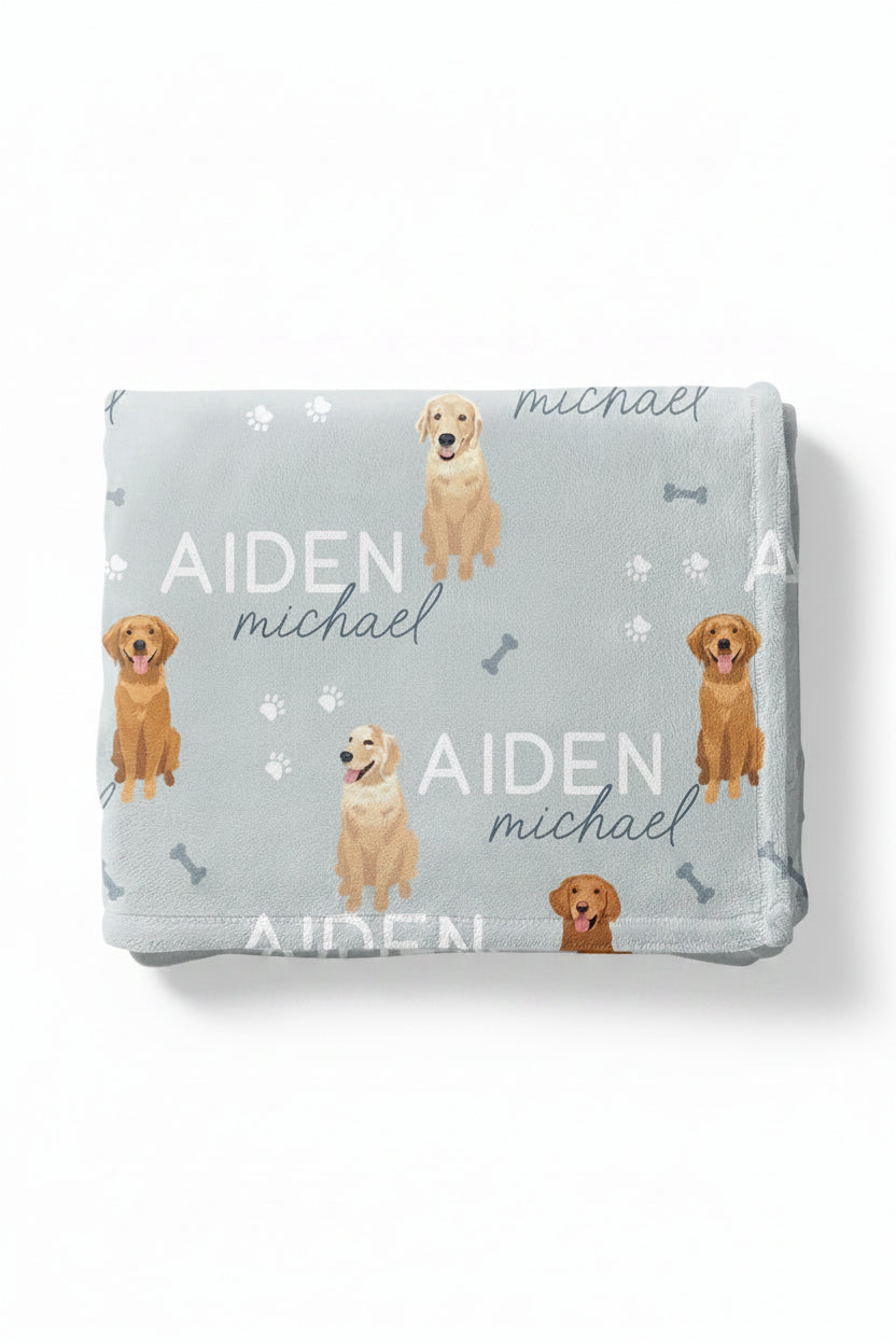 golden retriever personalized kids blanket blue 