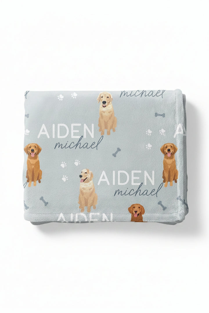 golden retriever personalized kids blanket blue 