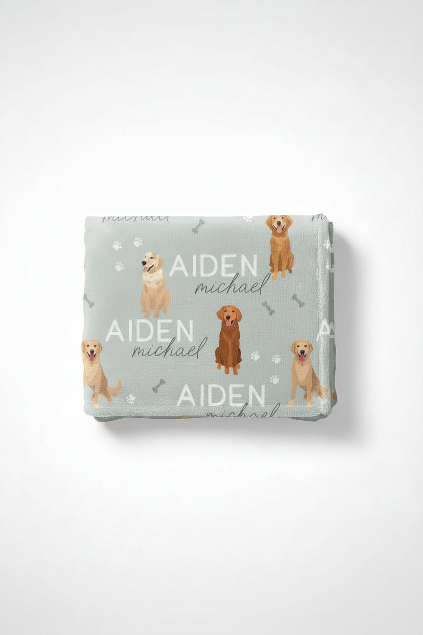 personalized kids blanket with golden retrievers green