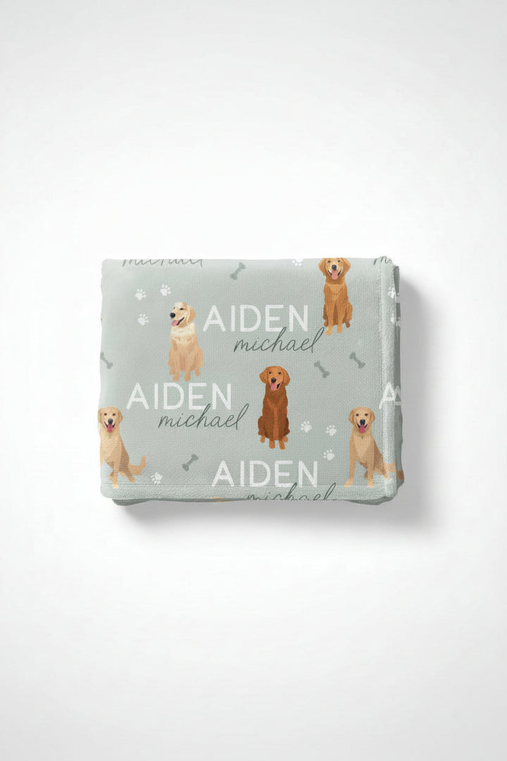 personalized kids blanket with golden retrievers green