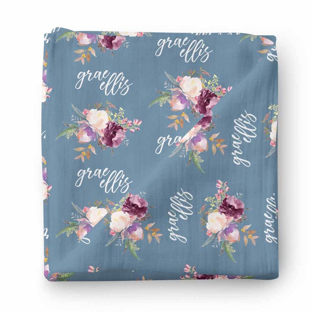 dusty blue floral personalized swaddle blanket