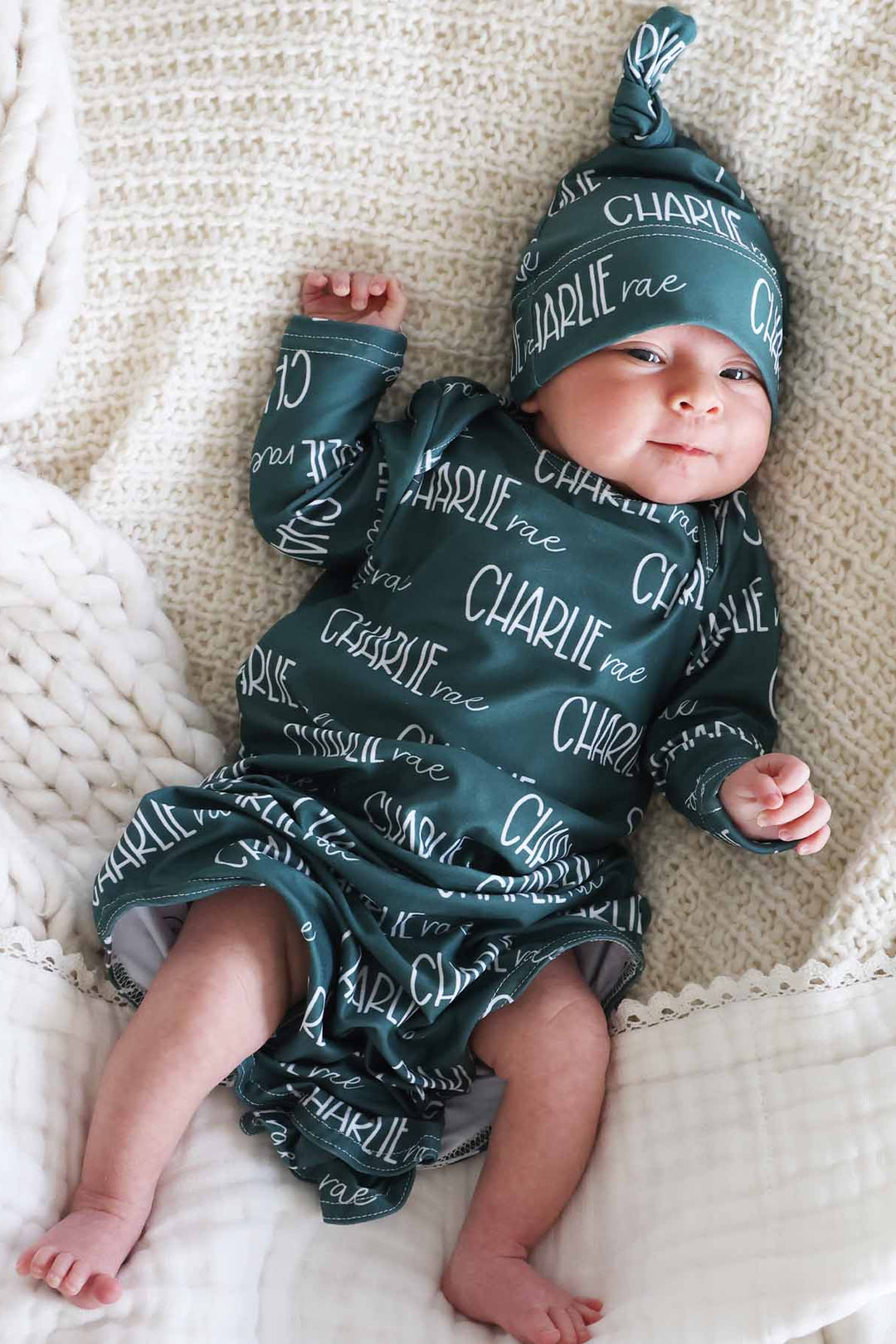 emerald green personalized newborn knot gown for babies