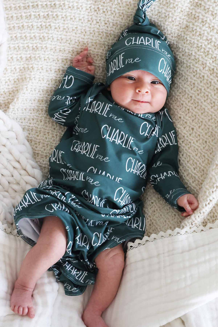 green personalized knot gown for babies with matching knotted hat 