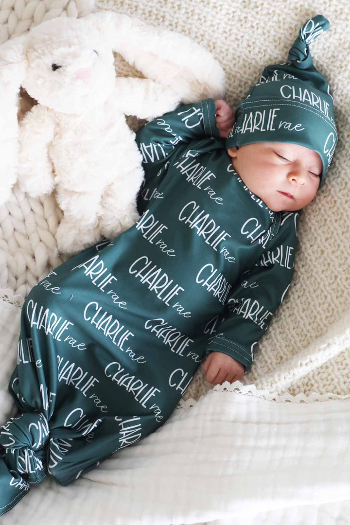 bright emerald green personalized name knot gown for babies with hat 