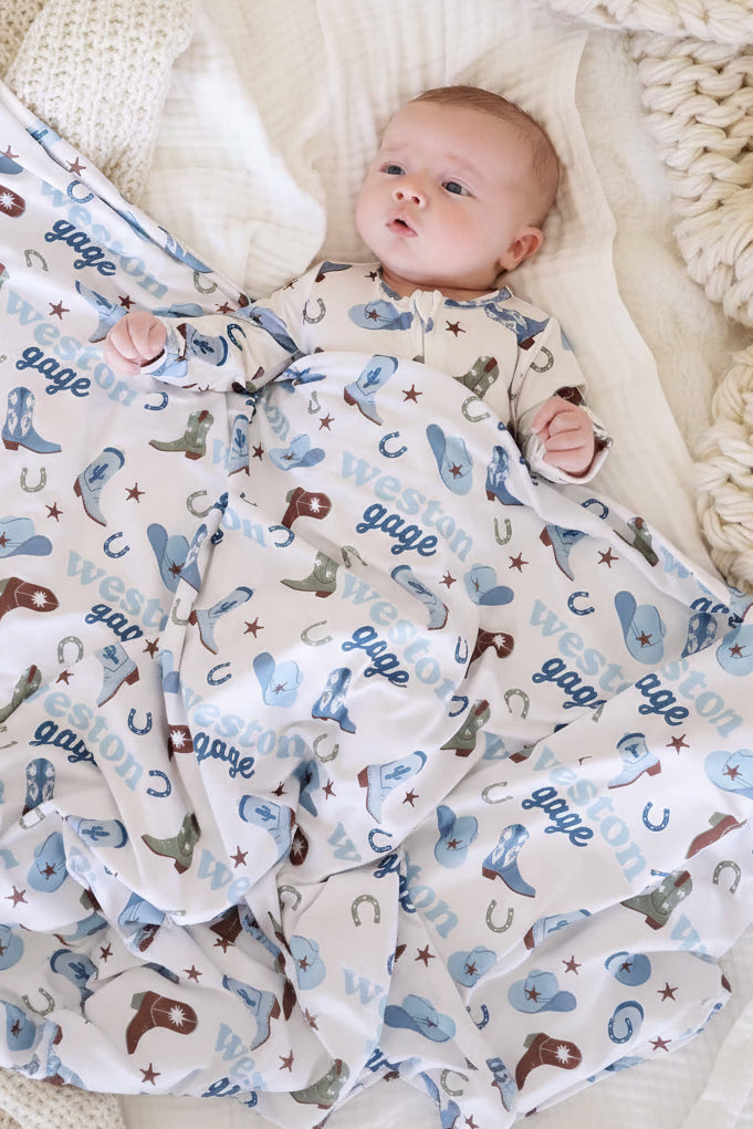 blue and green personalized swaddle blanket 