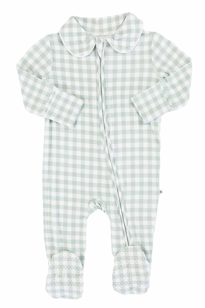 light green gingham print footie for babies