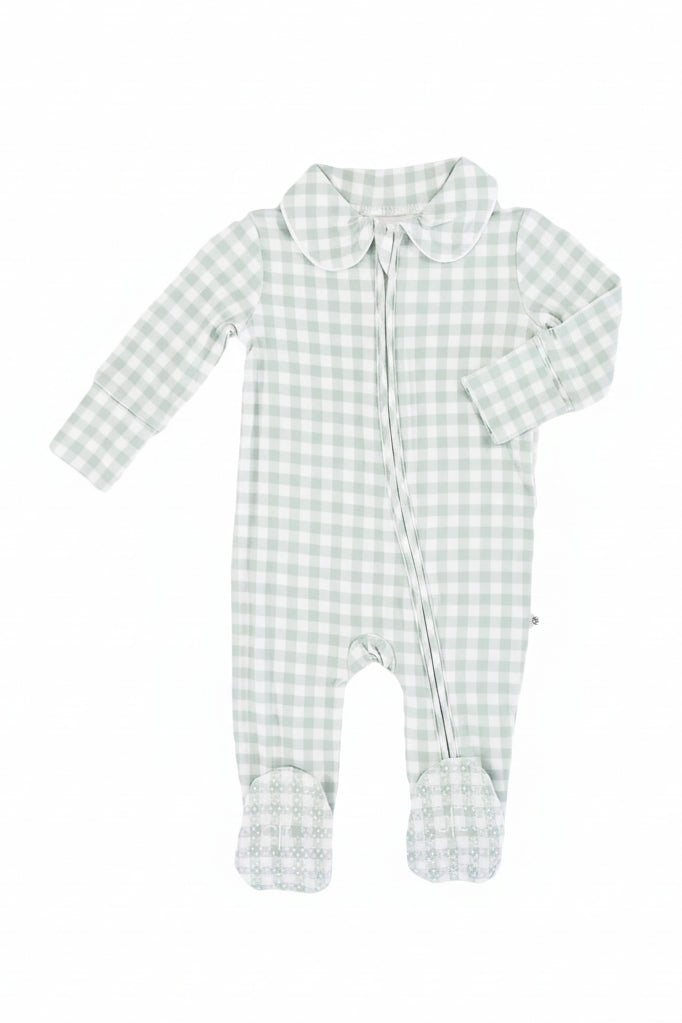 green gingham print footie with zipper and peter pan collar for babies