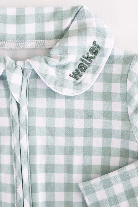 light green gingham onesie for newborns with peter pan collar and personalized embroidery
