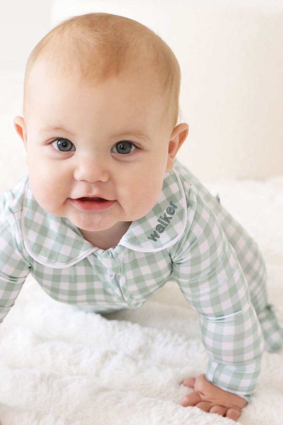 light green gingham footie with peter pan collar and name embroidery for newborns