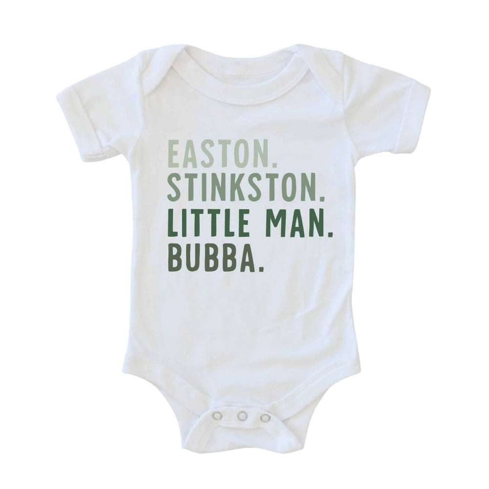 white onesie with nicknames grern letters