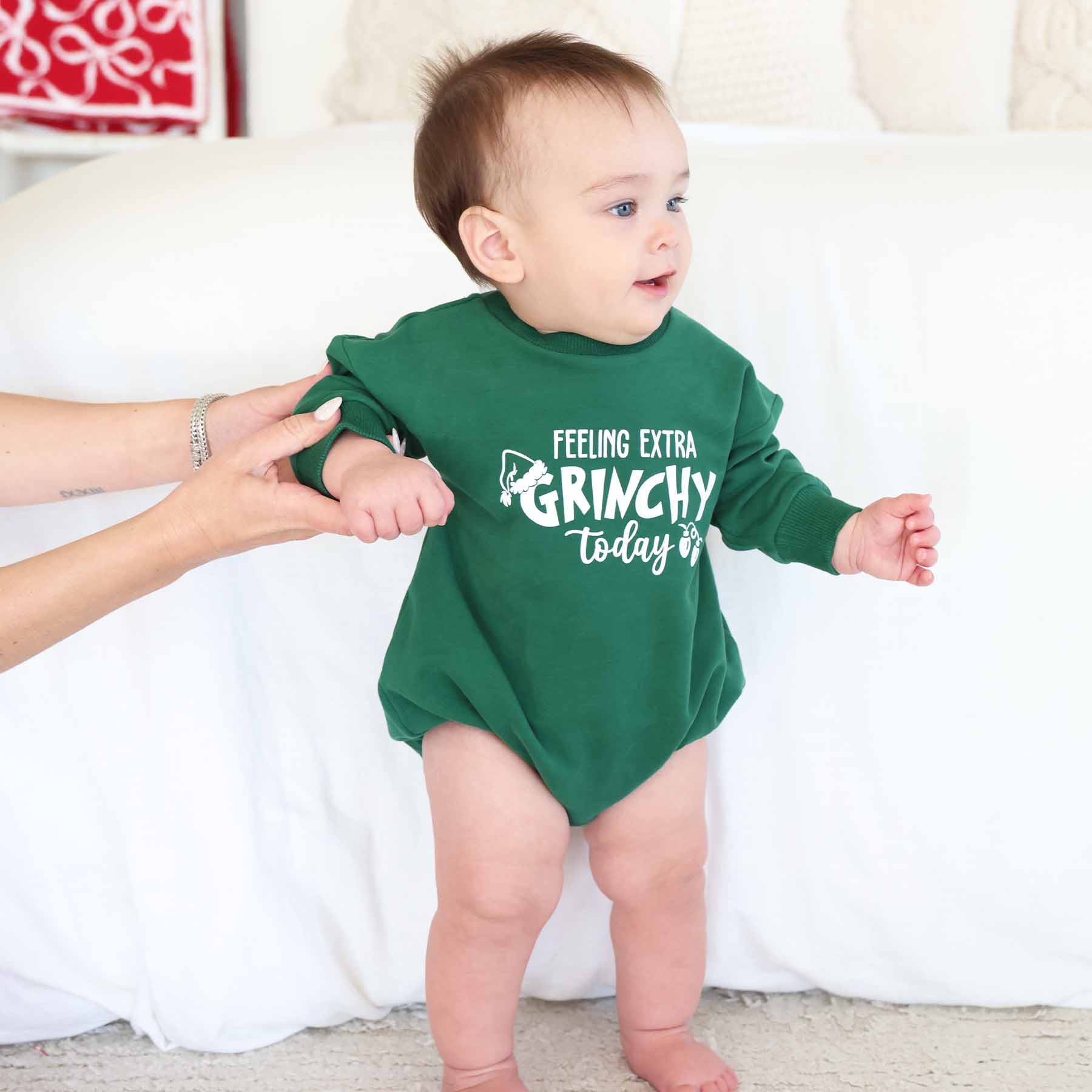 Extra Grinchy Sweatshirt Bubble Romper | Spruce Green