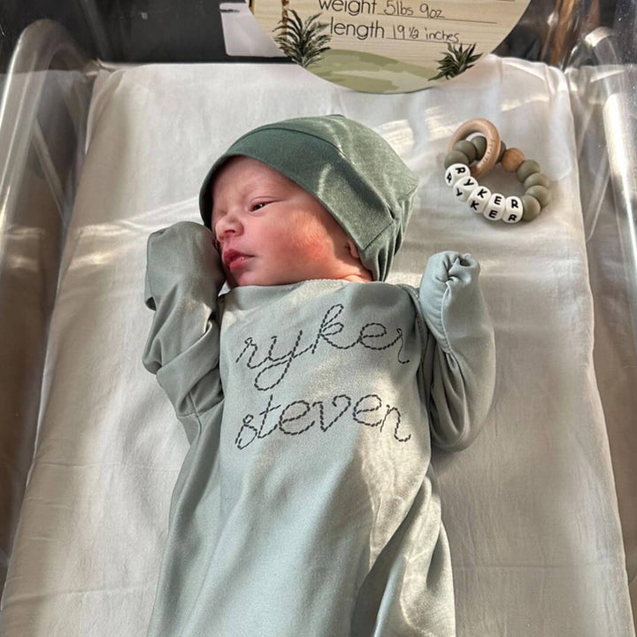 green newborn knot gown stitched name 