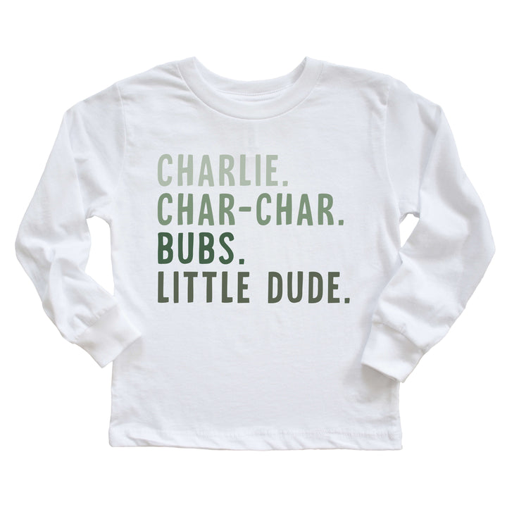 long sleeve graphic tee with green nicknames 