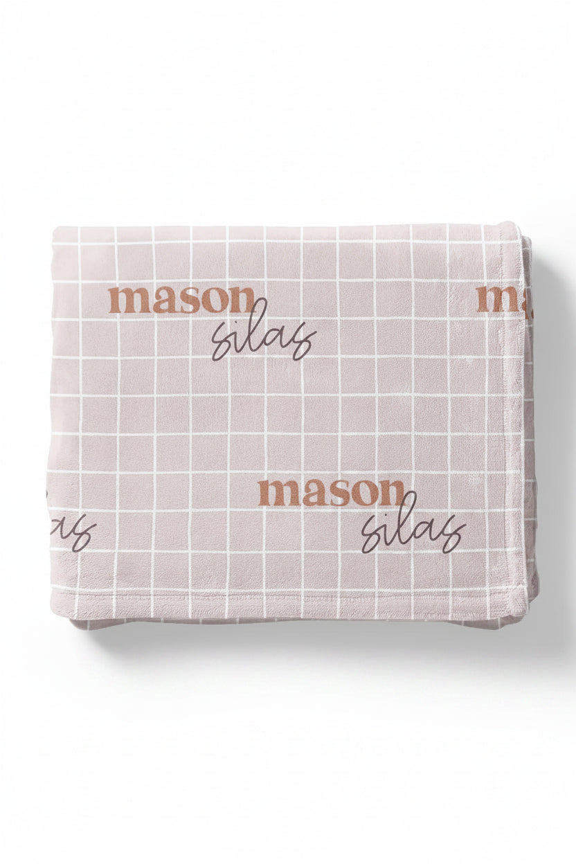tan square grid personalized swaddle blanket for kids 