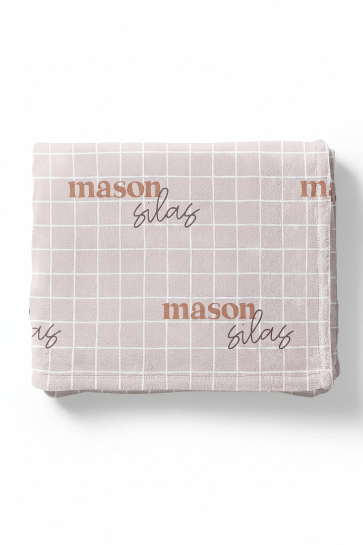 tan square grid personalized swaddle blanket for kids 
