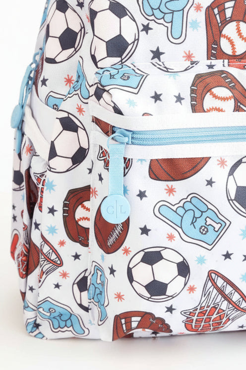 blue, orange, brown, black and white sports themed backpack for boys 