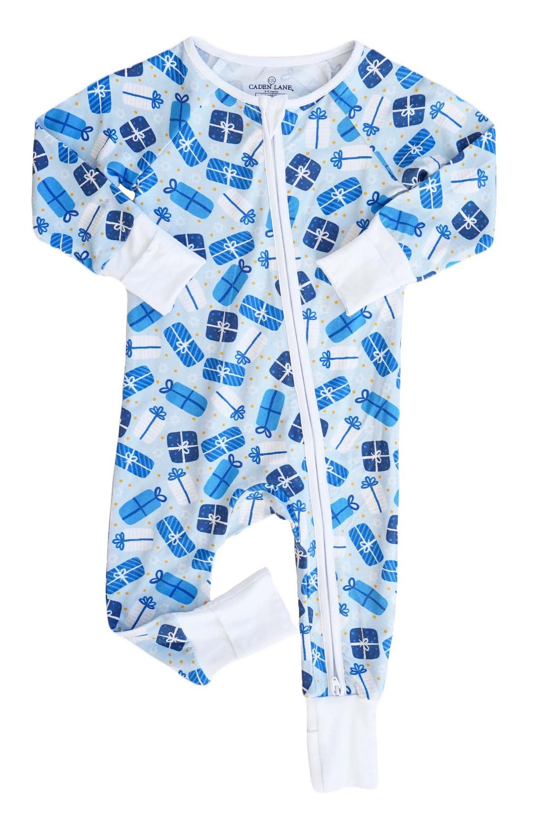 Caden Lane blue present pajama romper for kids hanukkah