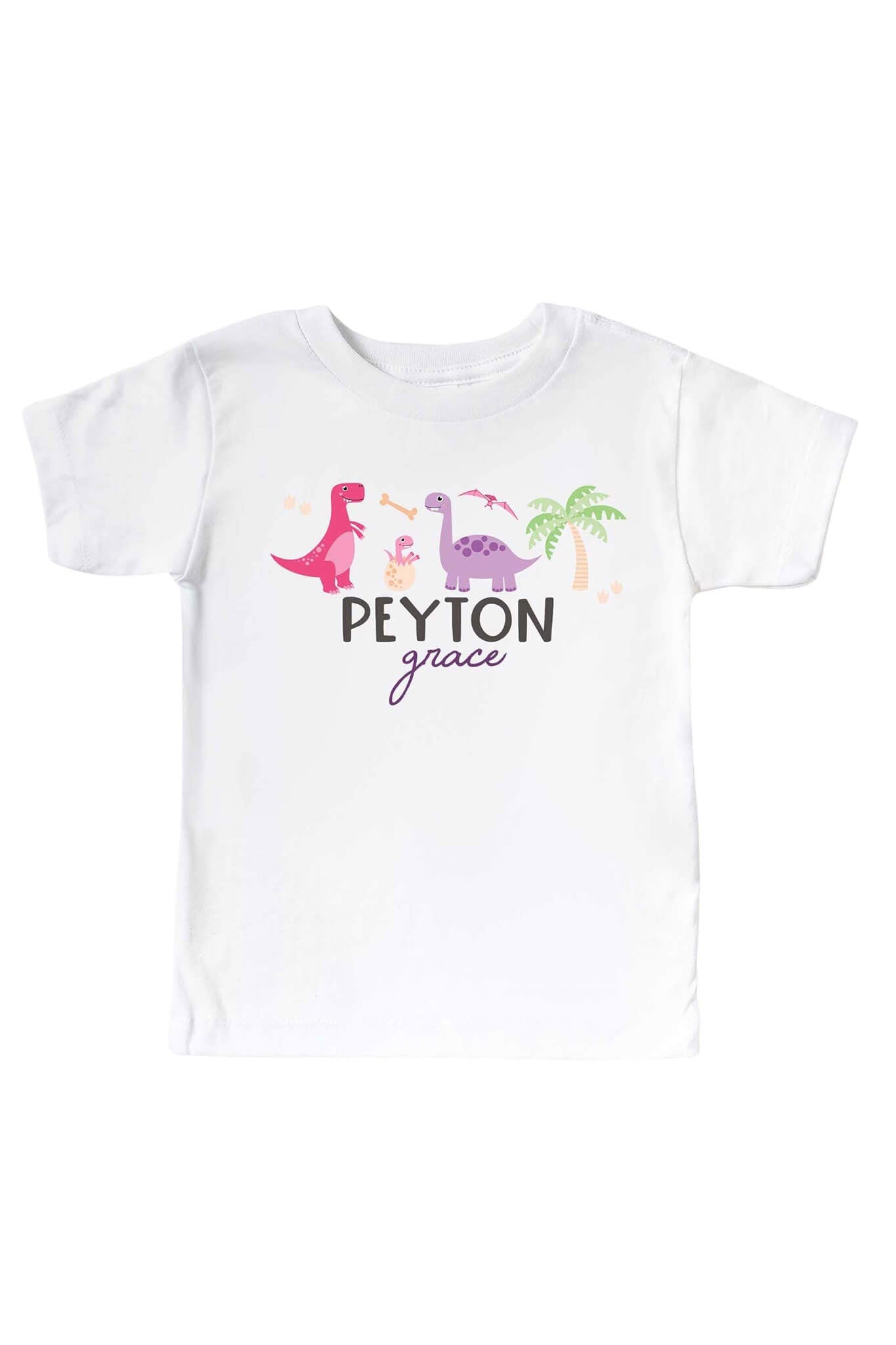 Personalized Pink Happy Dinos Kids Graphic Tee | White