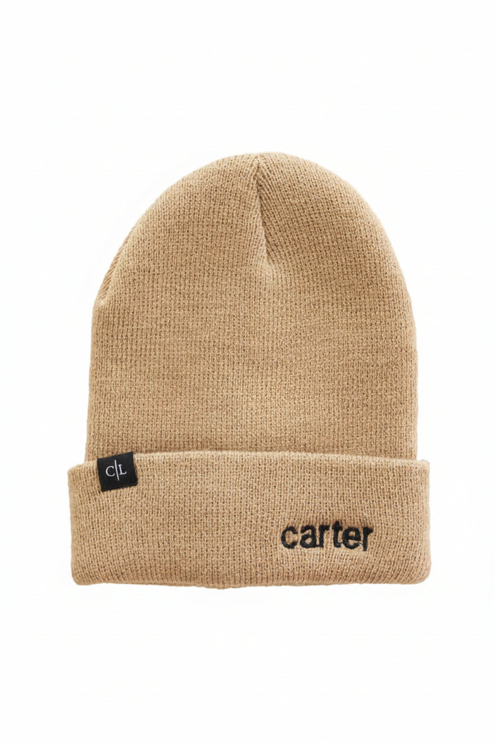 caramel embroidered baby beanie 