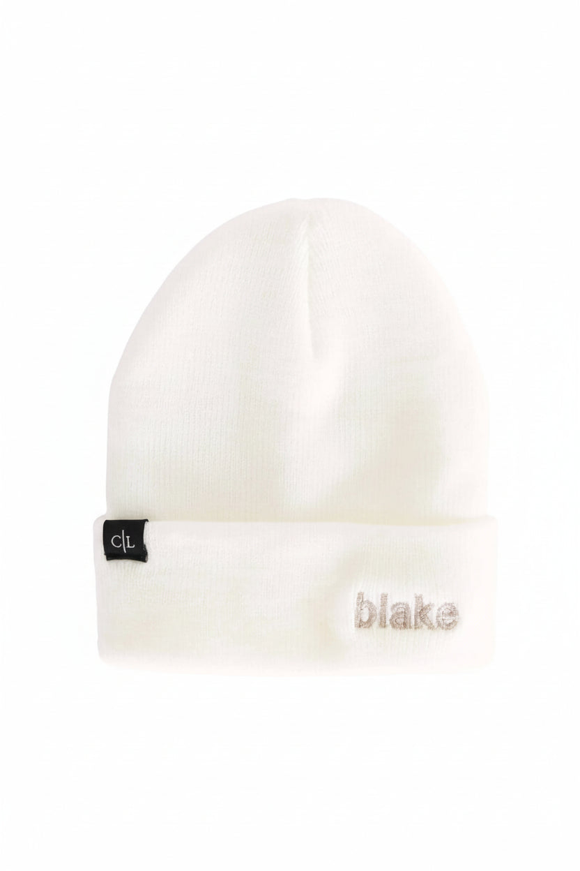 white embroidered baby beanie 