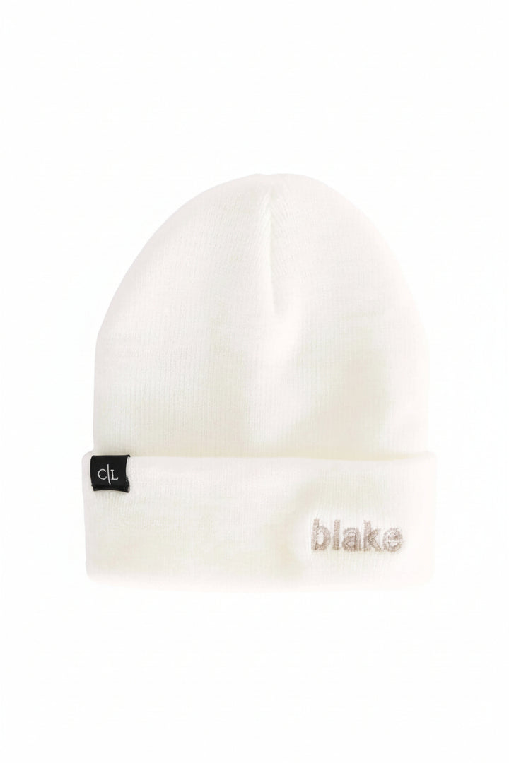 white embroidered baby beanie 
