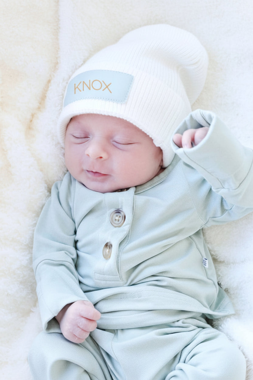 light blue leather patch beanie personalized 