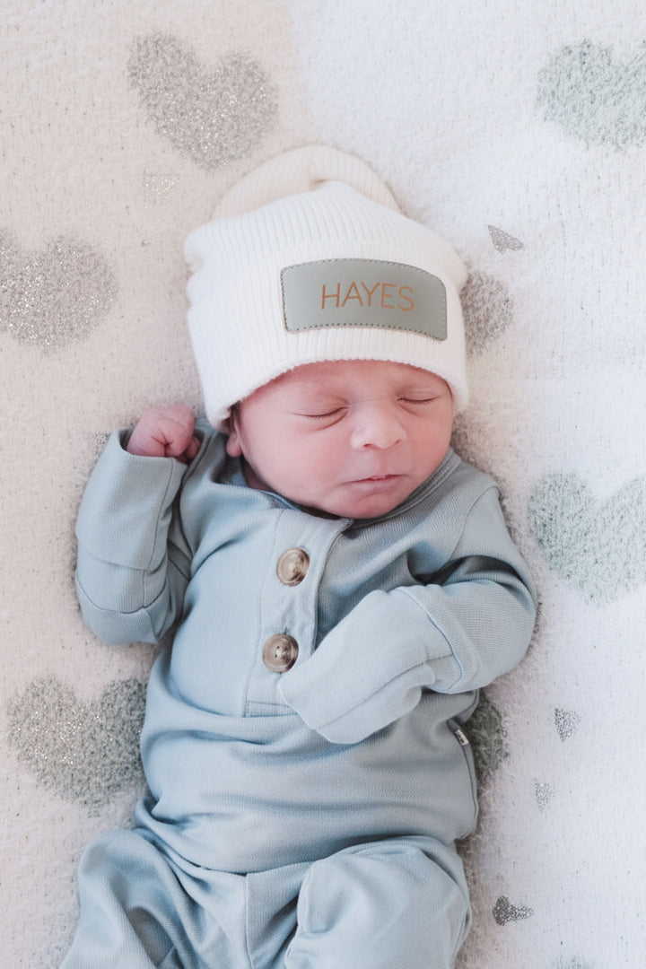 leather patch beanie personalized for babies 