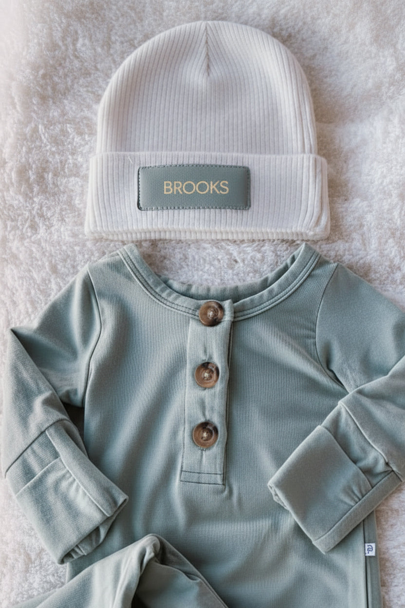 dusty blue personalized leather patch beanie 