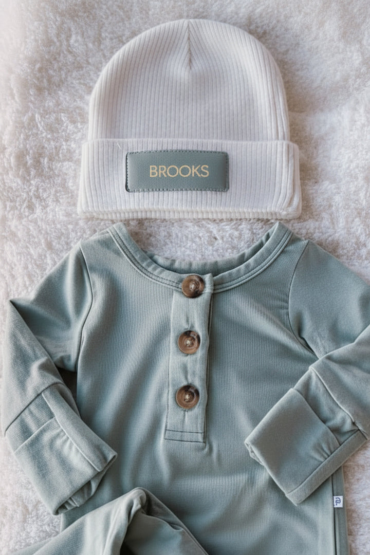 dusty blue personalized leather patch beanie 