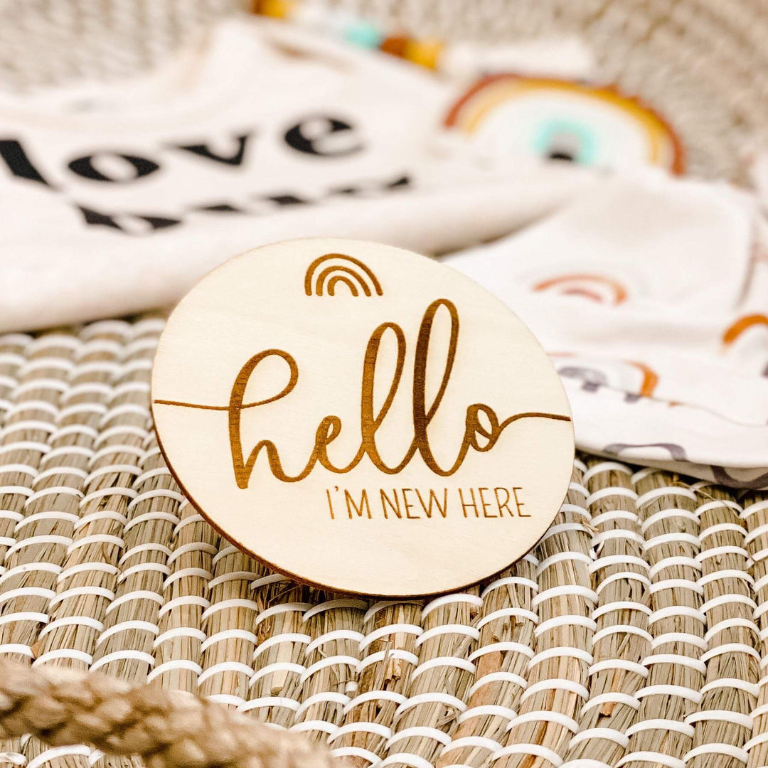 hello i'm here wood sign for babies with rainbow 
