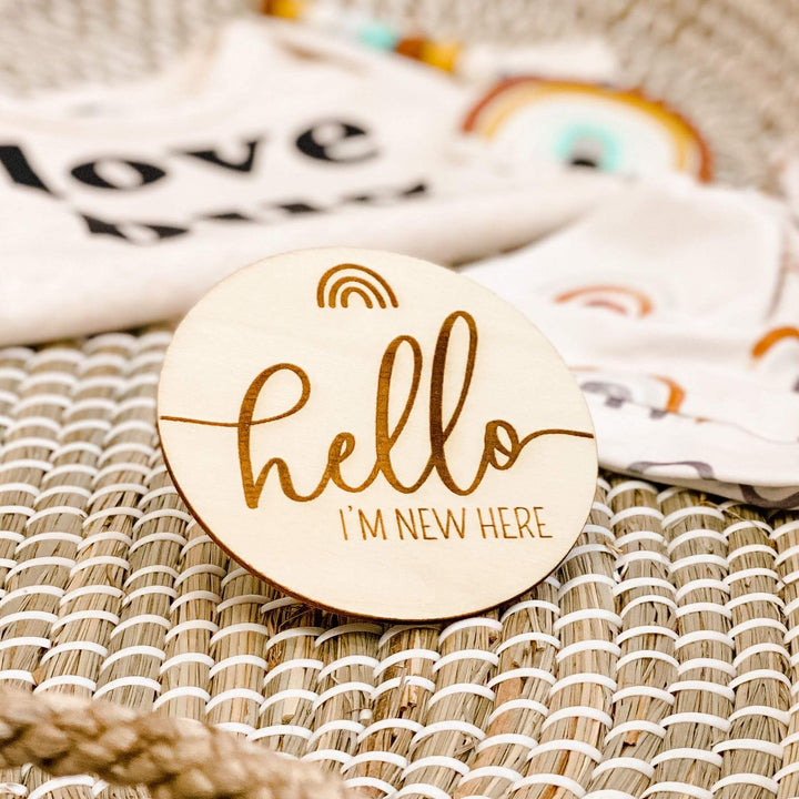 hello i'm here wood sign for babies with rainbow 
