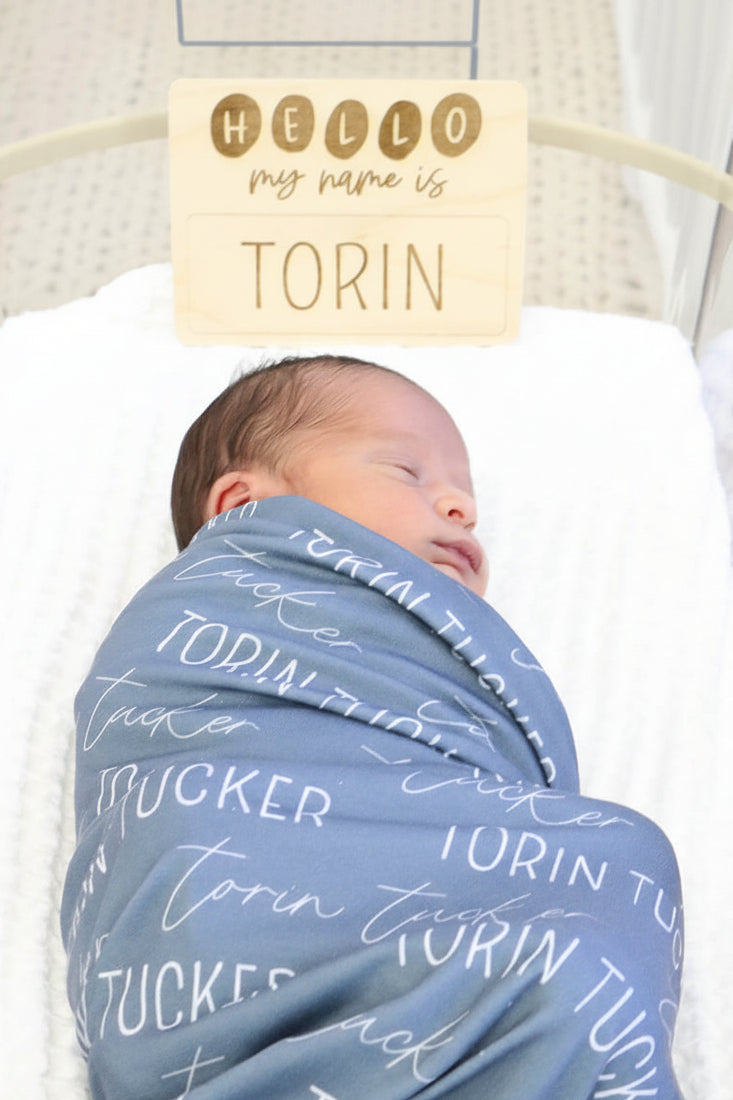 dusty blue swaddle blanket personalized 