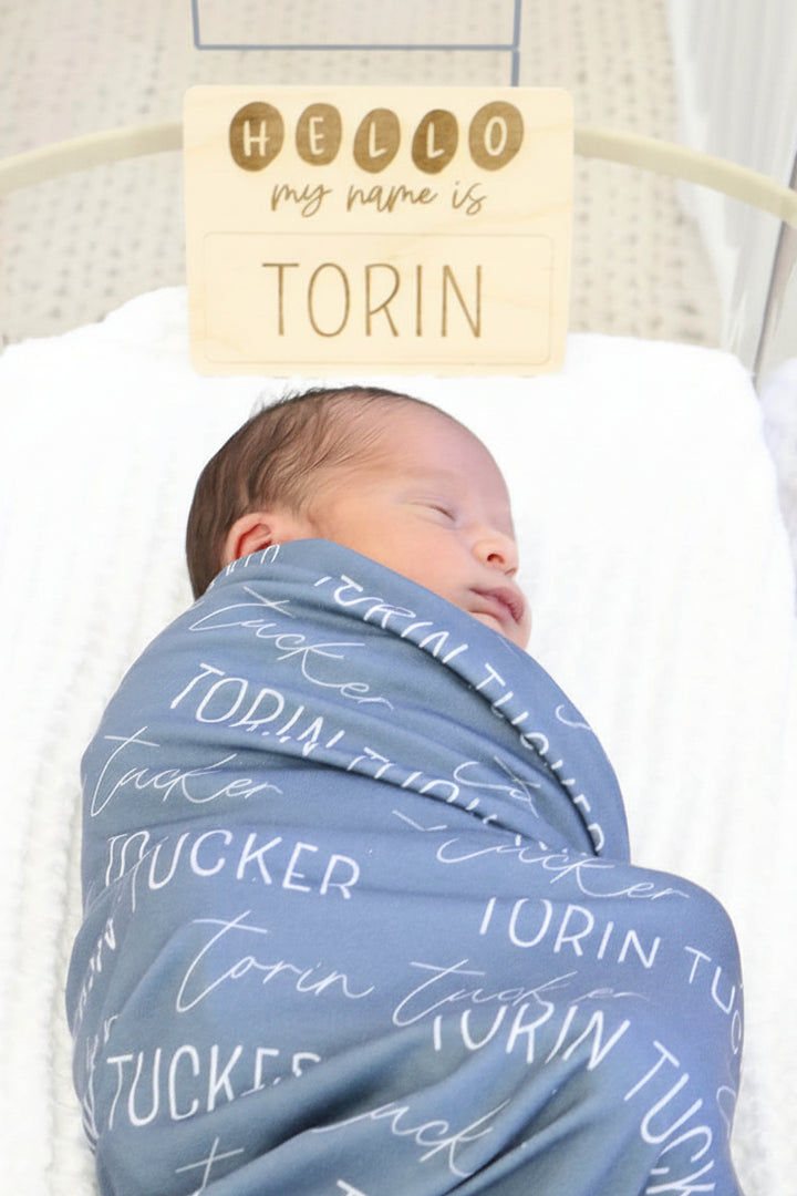 dusty blue swaddle blanket personalized 