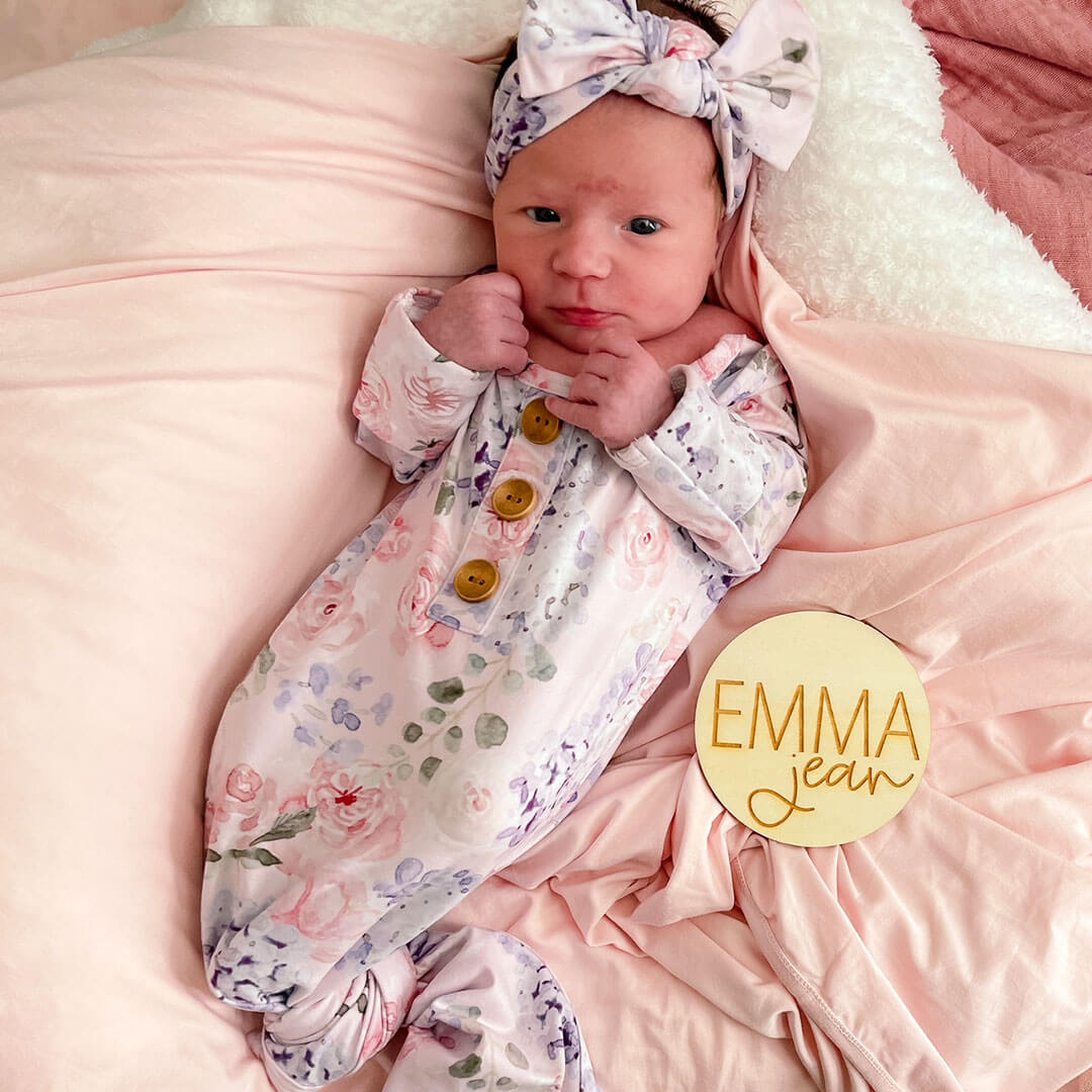 pink and purple floral knot gown and hat set for newborns 