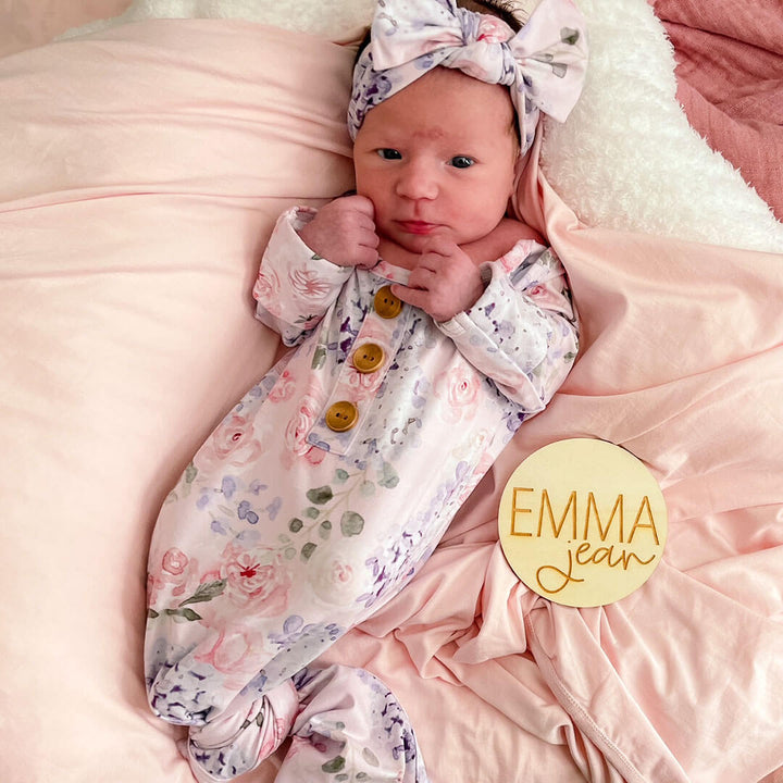 pink and purple floral knot gown and hat set for newborns 
